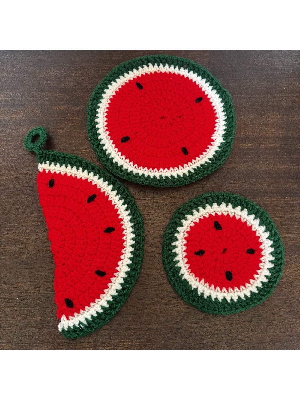 Vintage 3 Handmade Watermelon Crocheted Knit Hot Pad Potholder Trivet Farmhouse